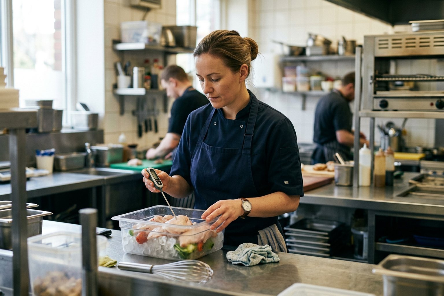 A chef checking a temperature probe against stored produce in a commercial kitchen