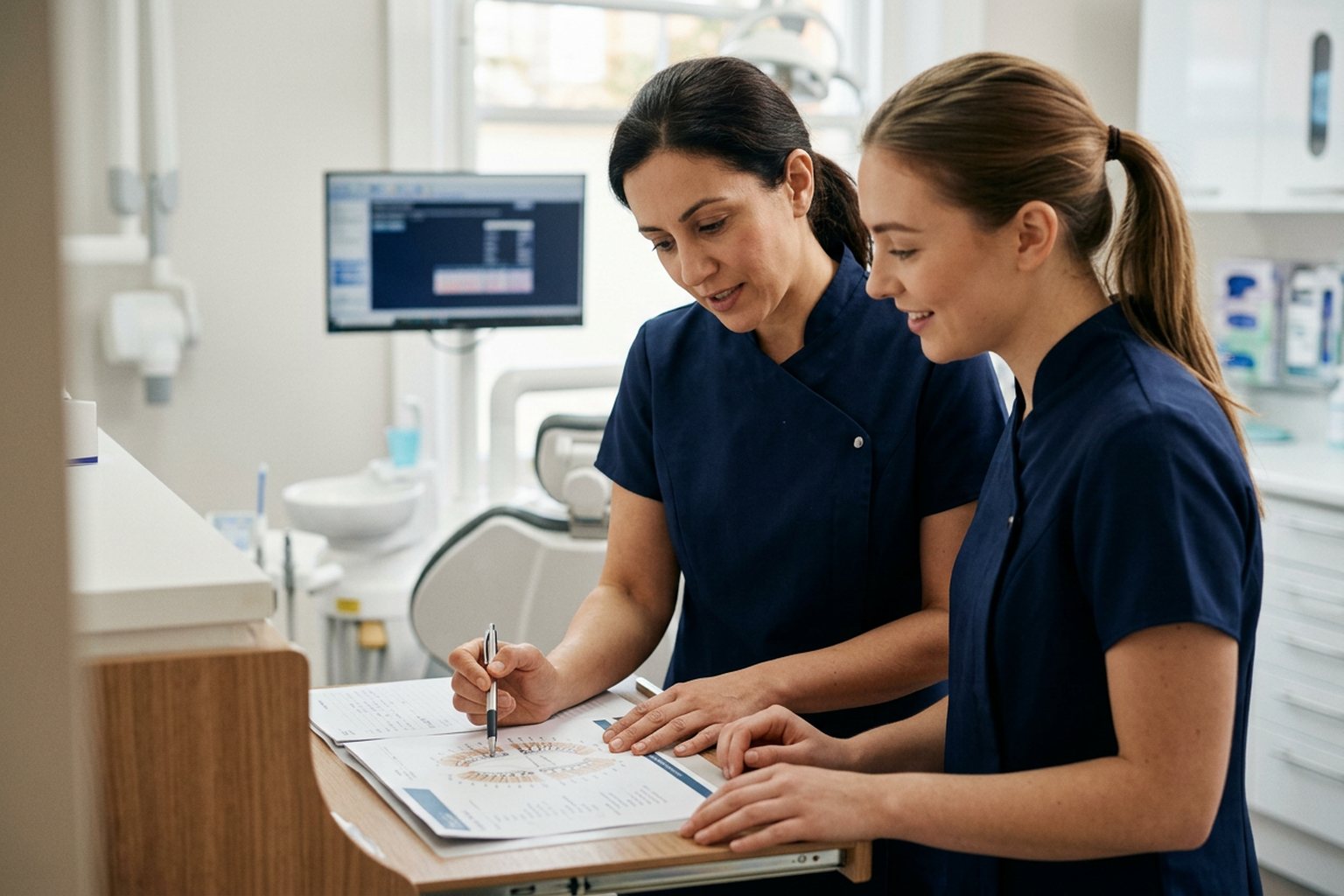 A dental nurse and dentist reviewing a case together at a practice workstation
