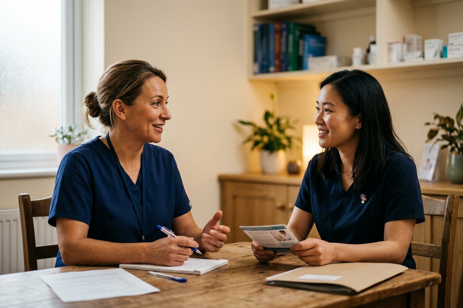 Two pharmacy professionals in a peer discussion in a consultation room