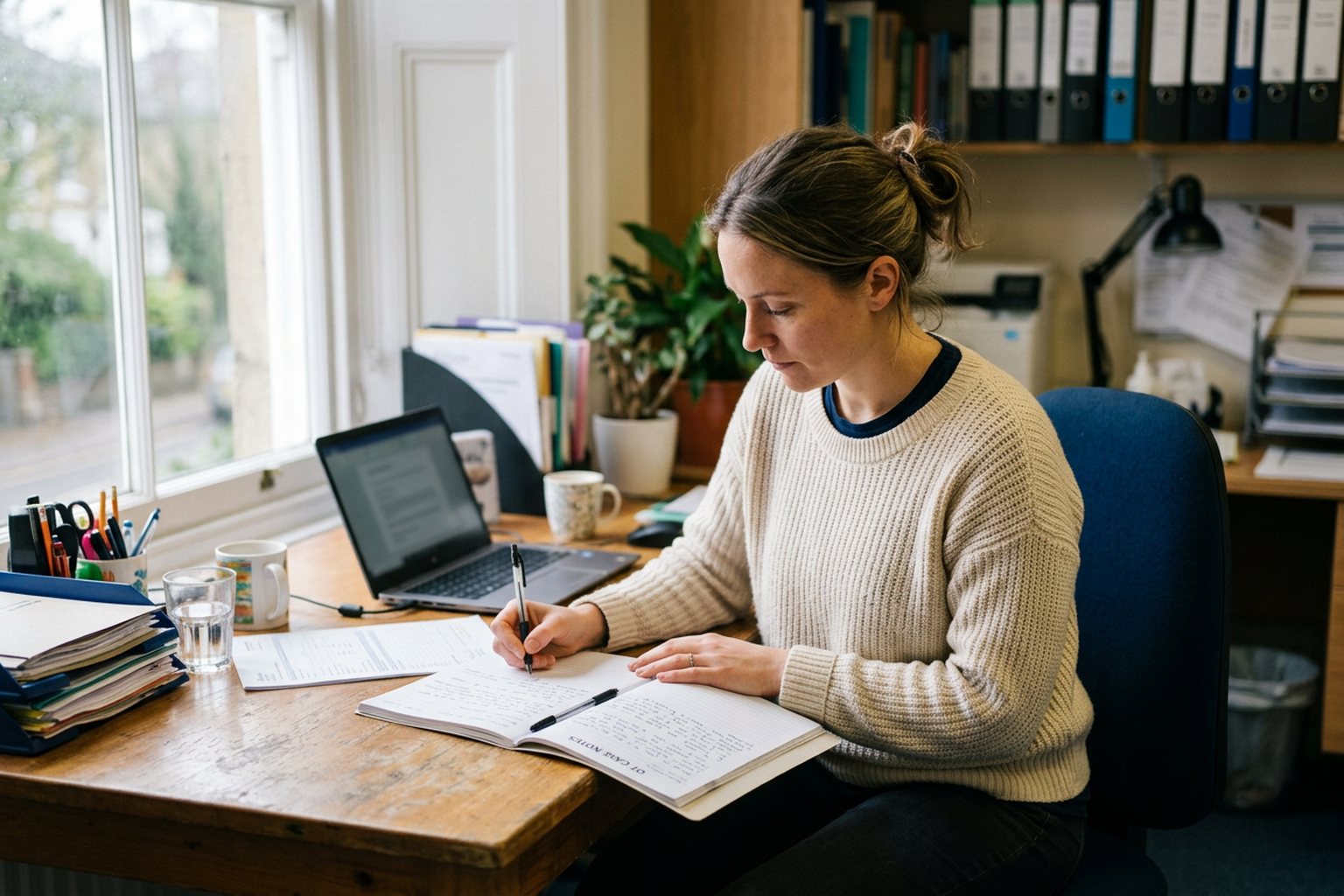 An occupational therapist writing up case notes at a clinic desk