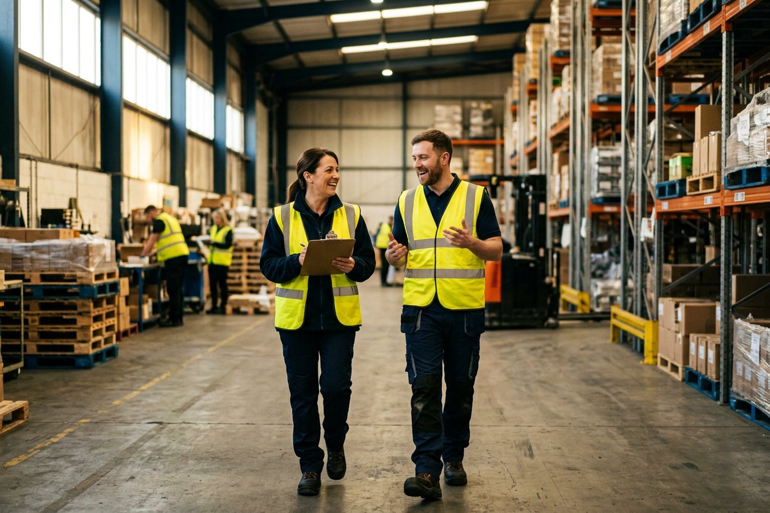 A supervisor and colleague discussing a process while walking a warehouse floor