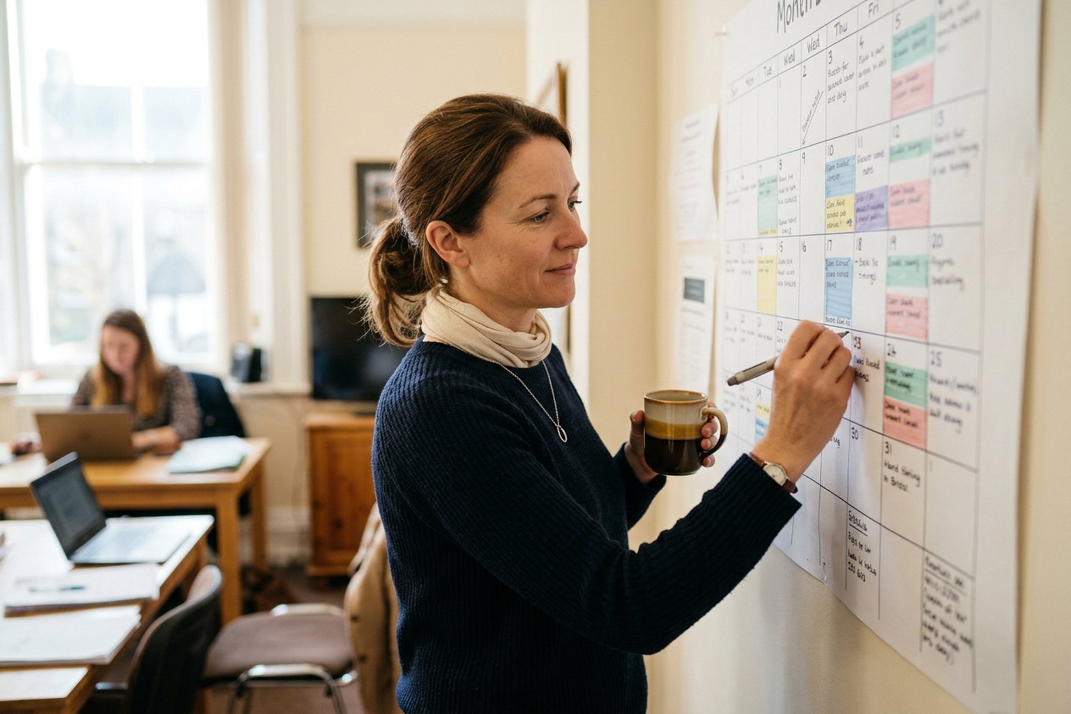 A training provider checking a wall calendar while planning timings