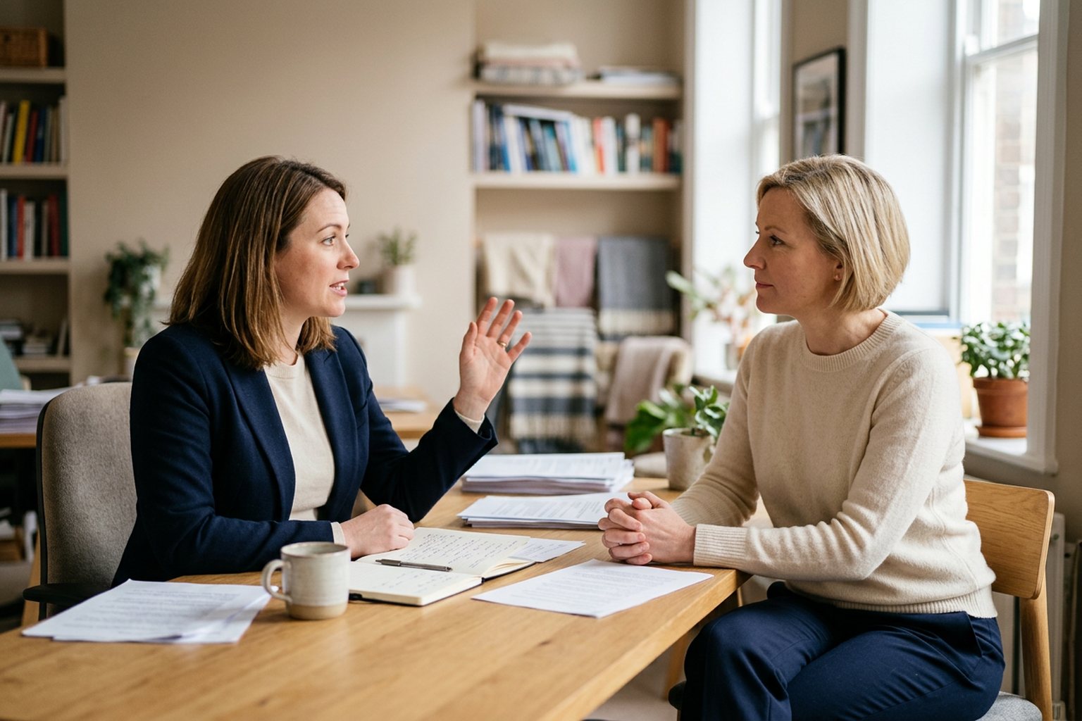 Two professionals in candid discussion across a desk