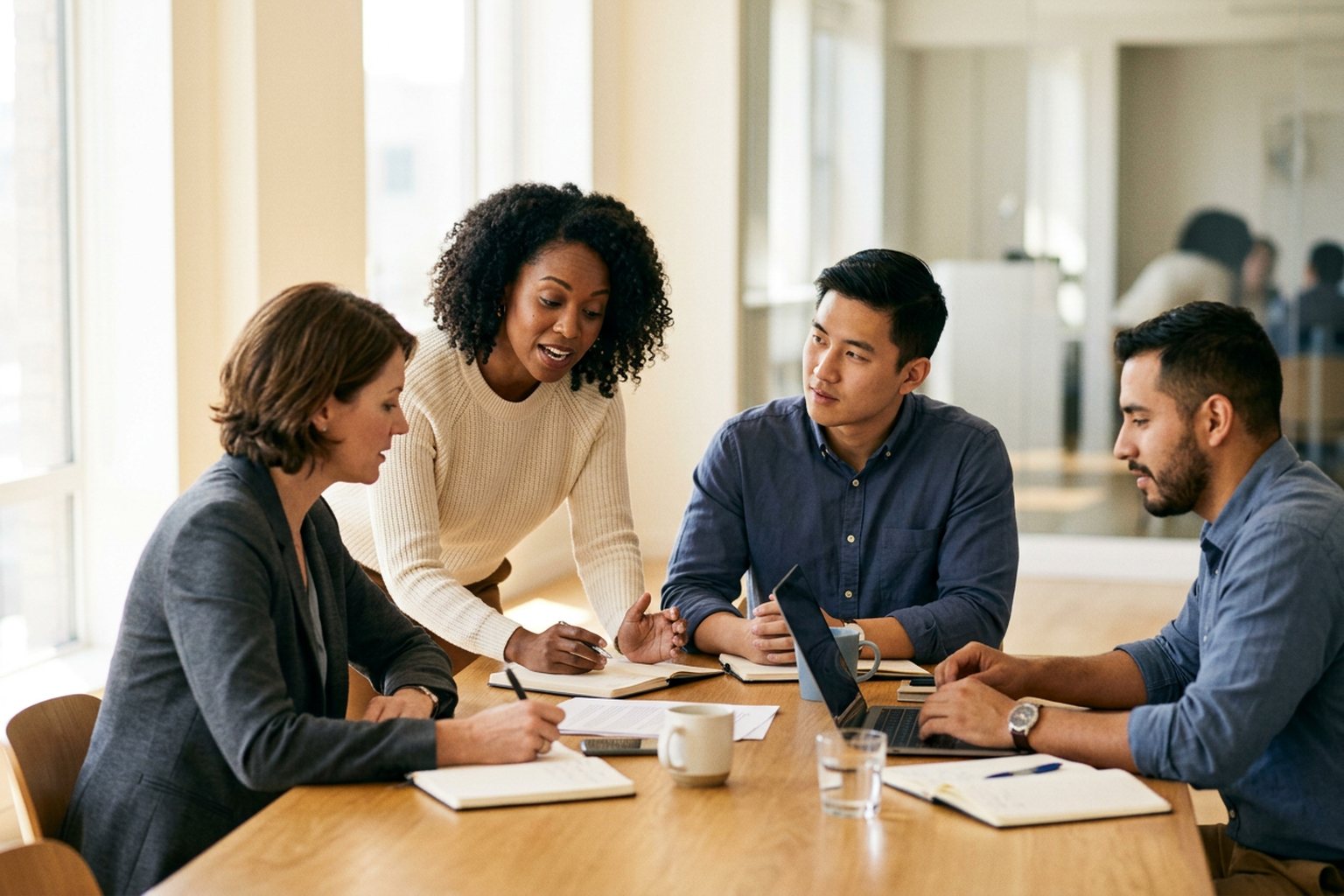 A diverse group of professionals collaborating around a table in a bright office