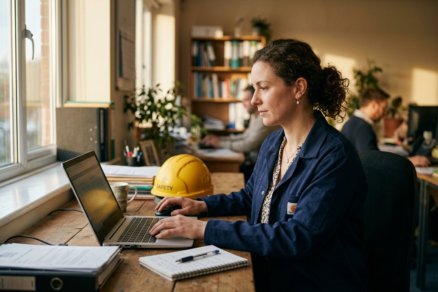 A safety practitioner reviewing CPD records on a laptop at an office desk