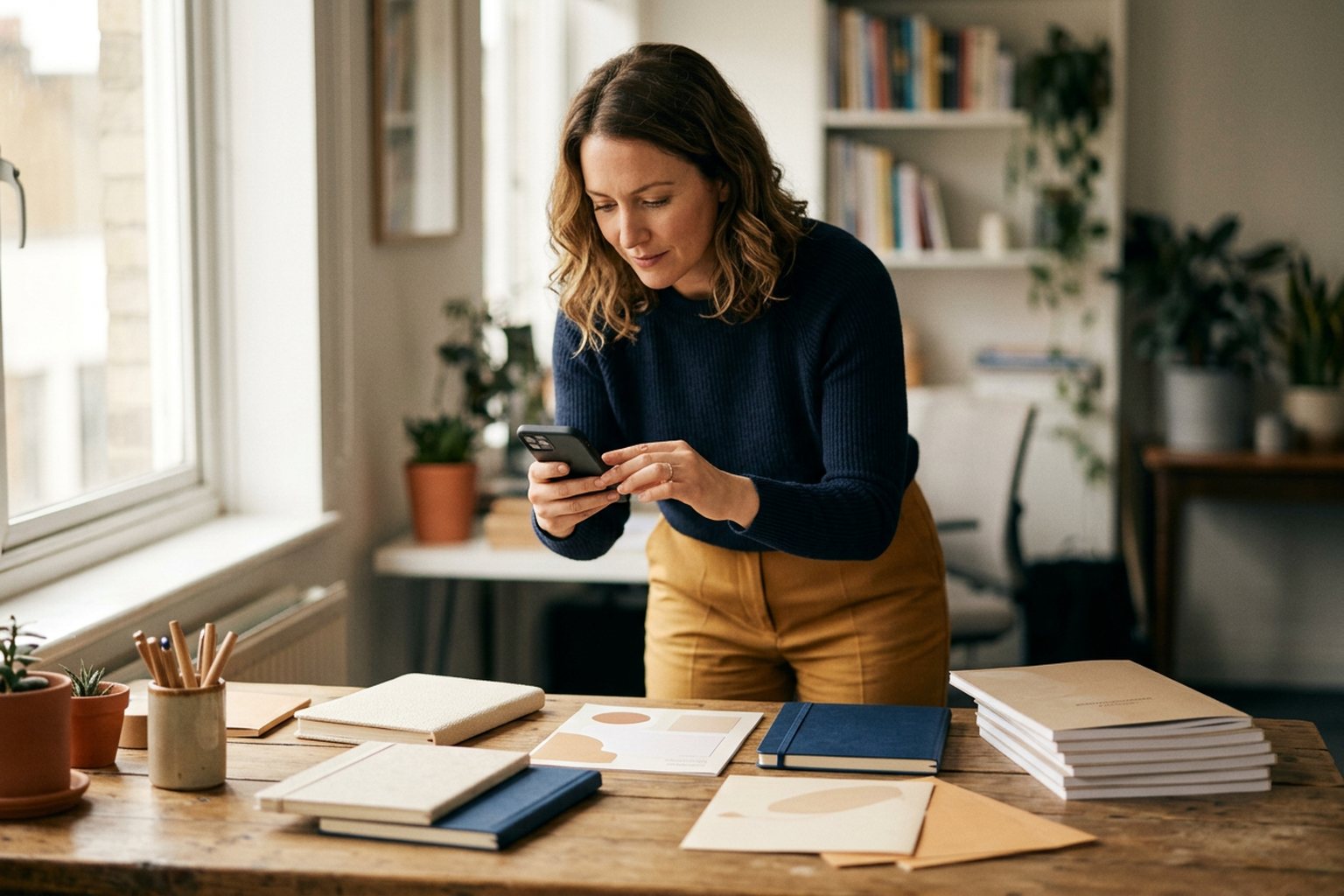 A training business owner photographing course materials for marketing