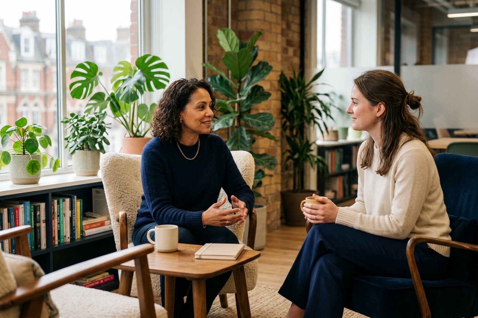 Two colleagues in a supportive one-to-one conversation in a quiet breakout space