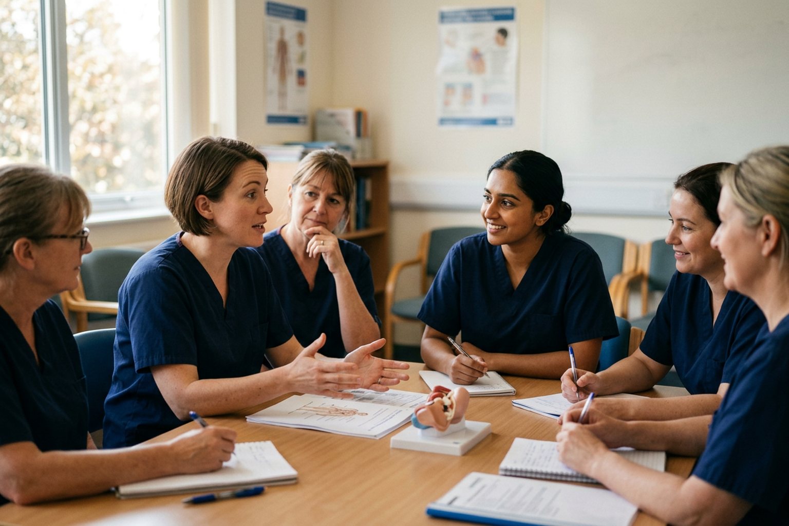 Two nurses in a small group learning session around a table in a hospital education room