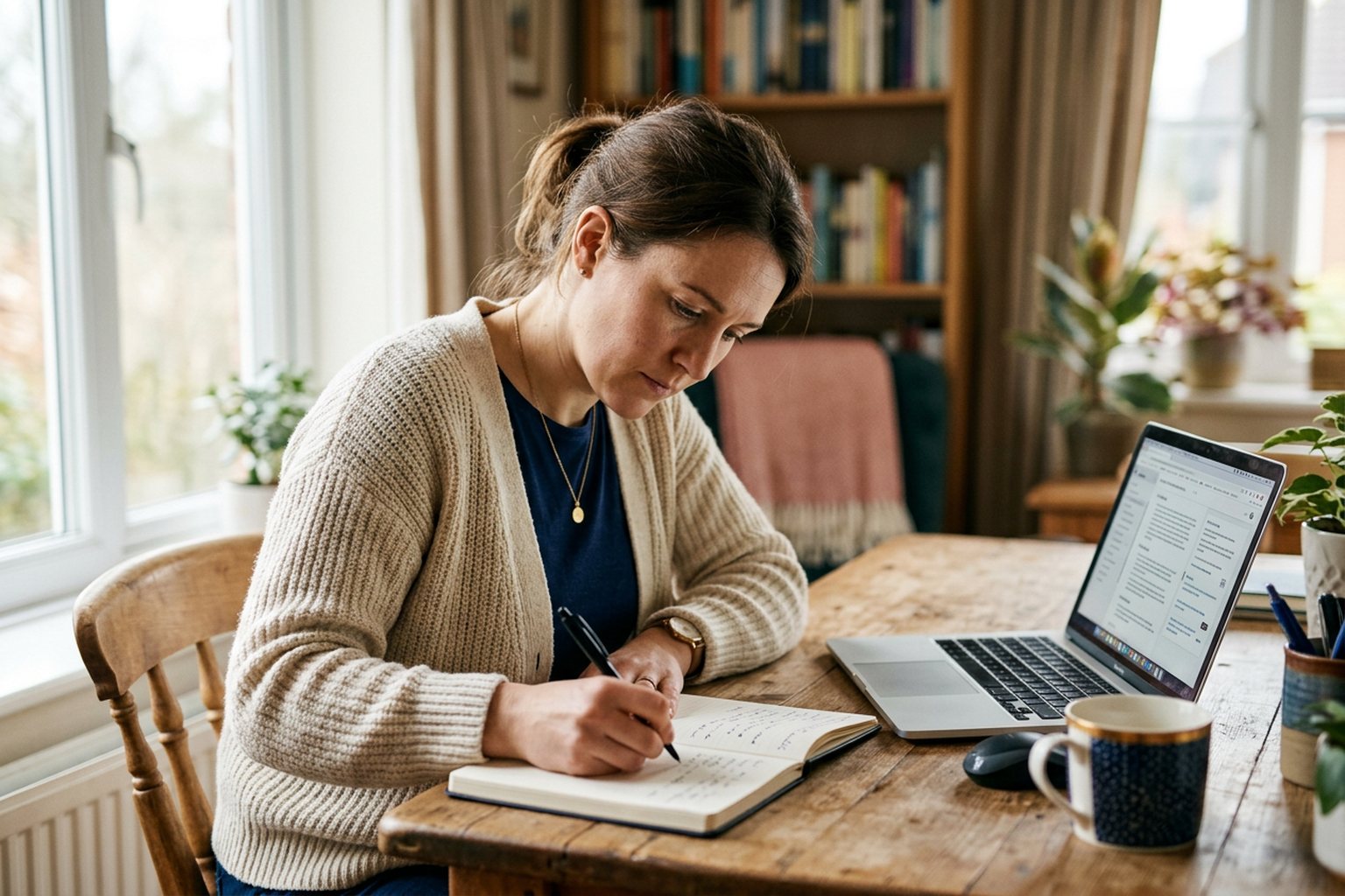 An instructional designer writing learning outcomes in a notebook