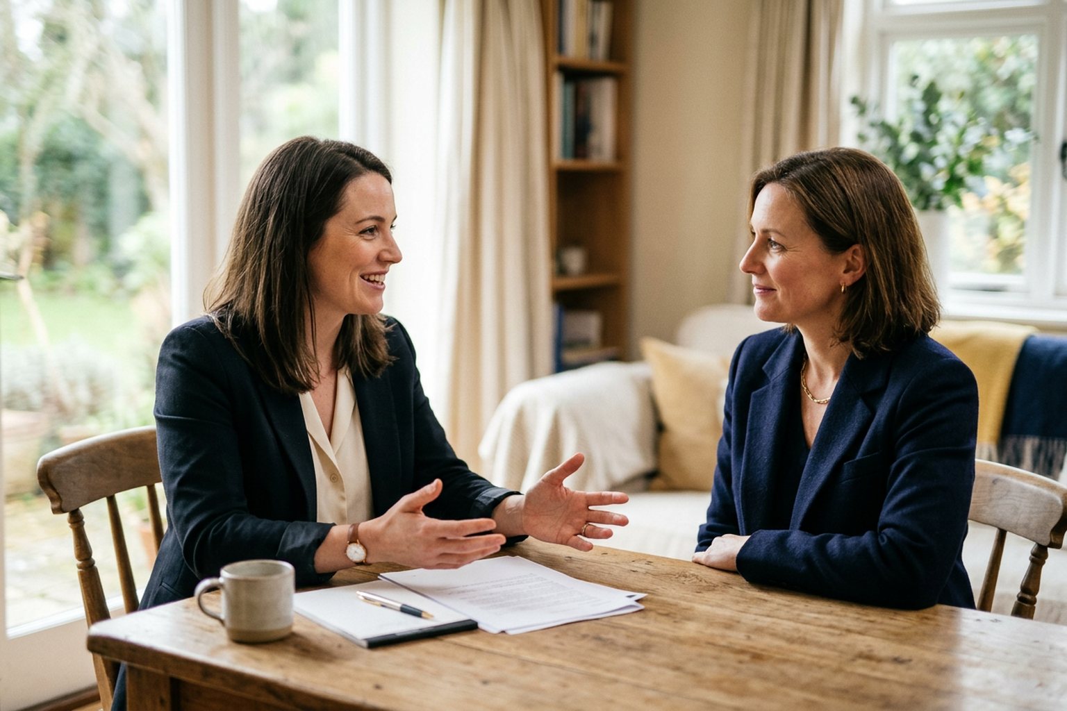 A professional explaining something openly to a client across a desk
