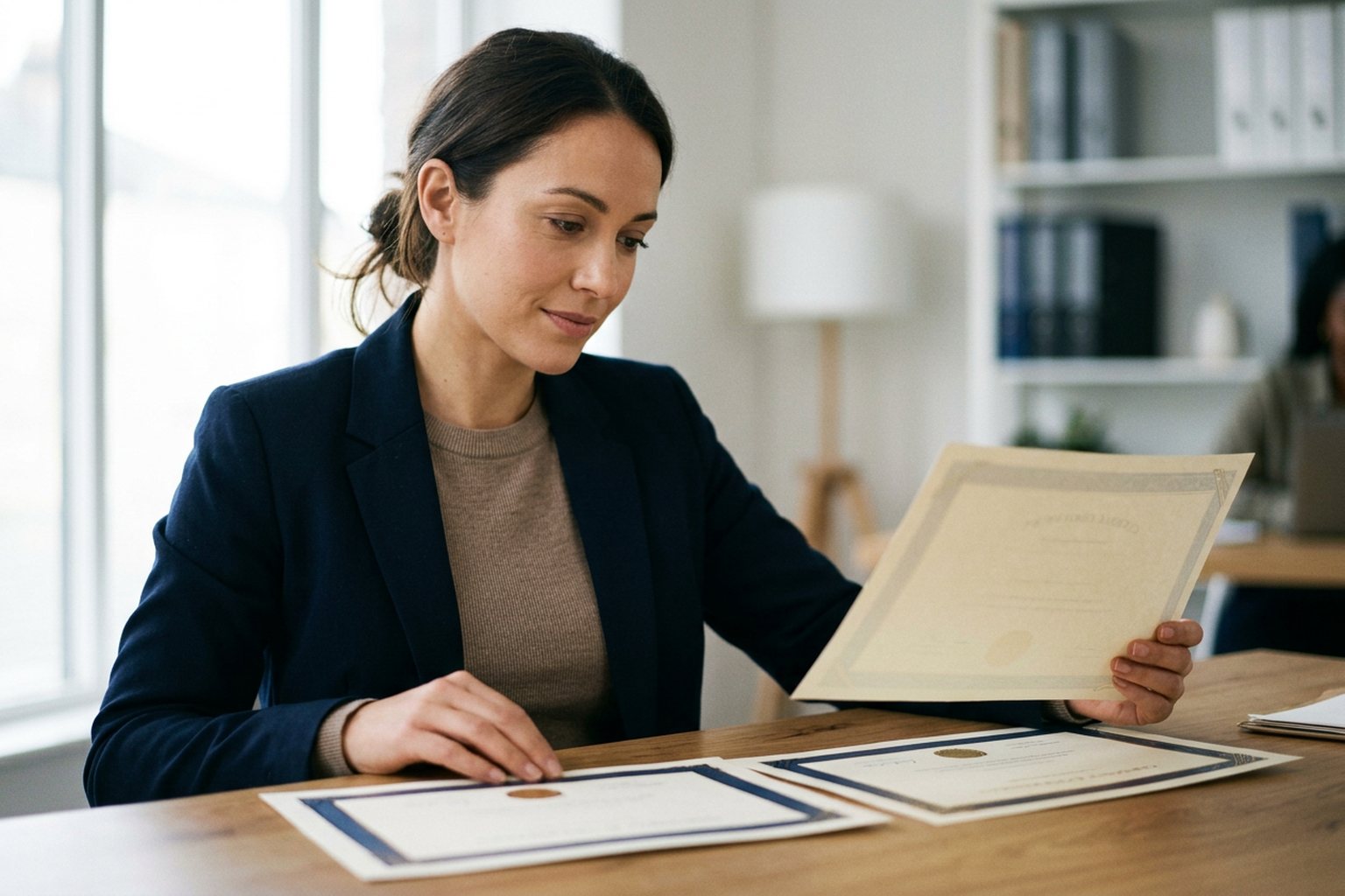 A professional comparing two certificates side by side on a desk