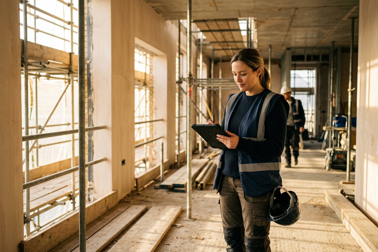 A surveyor taking structured notes on a tablet inside a half-built interior