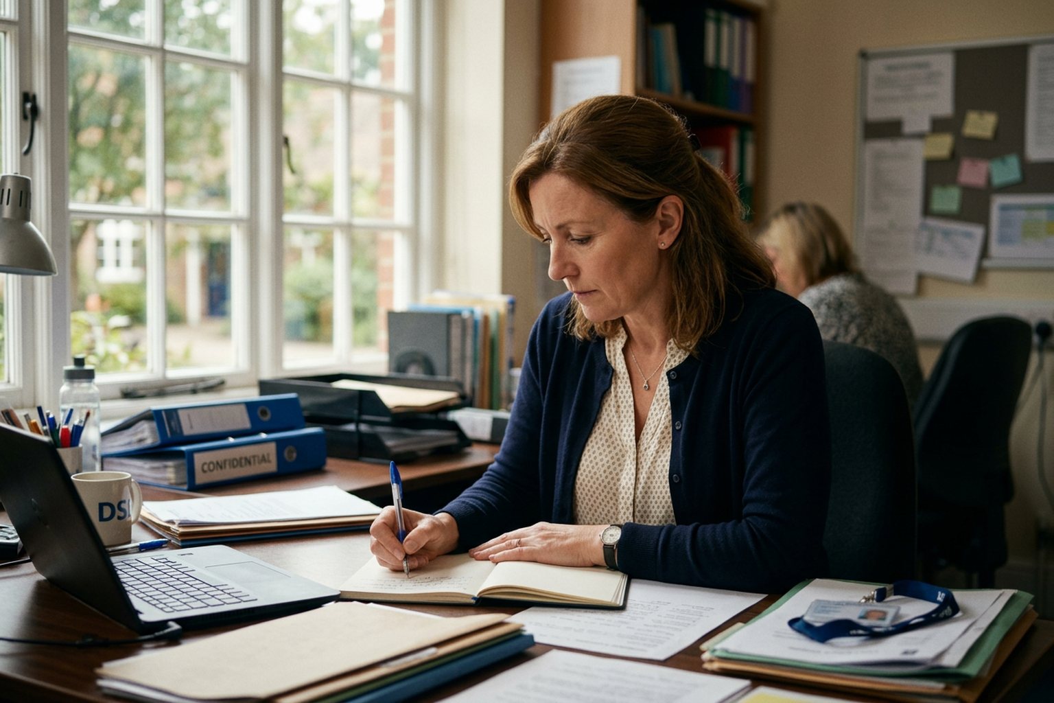 A designated safeguarding lead writing up a record at a school office desk