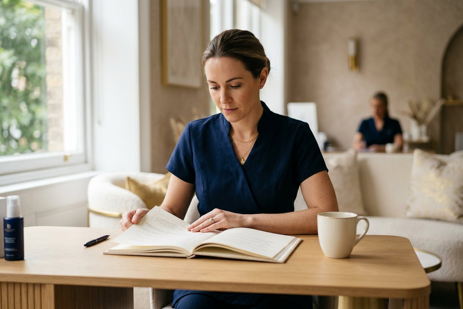An aesthetics practitioner reviewing course materials in a clinic treatment room