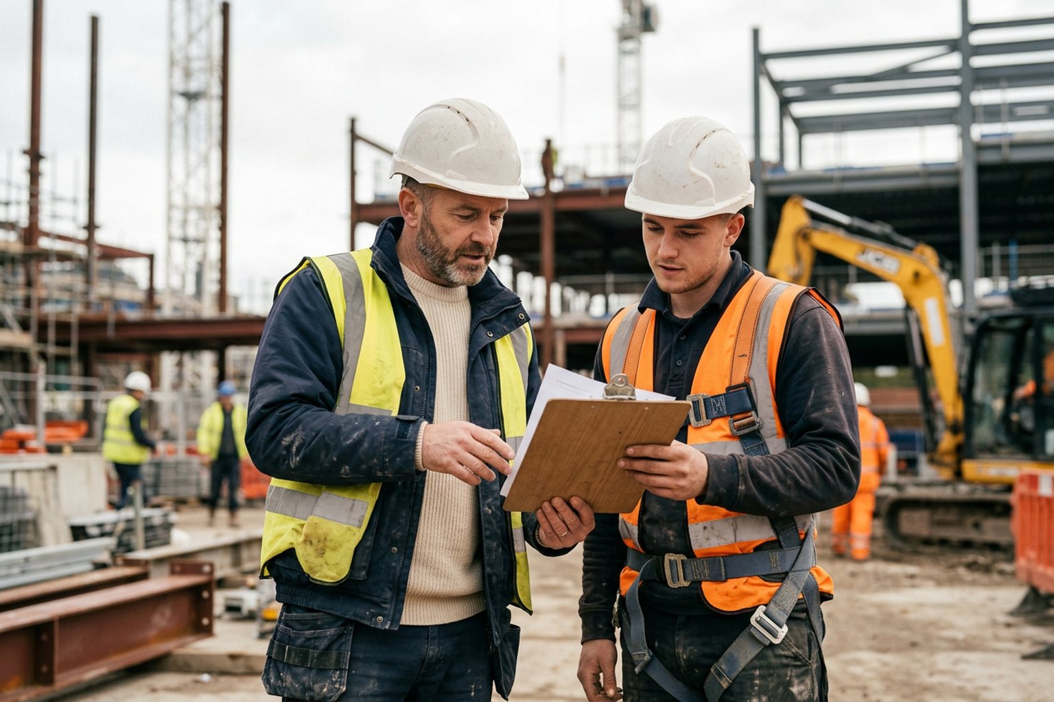 Two site workers in hi-vis reviewing a method statement on a clipboard at a construction site