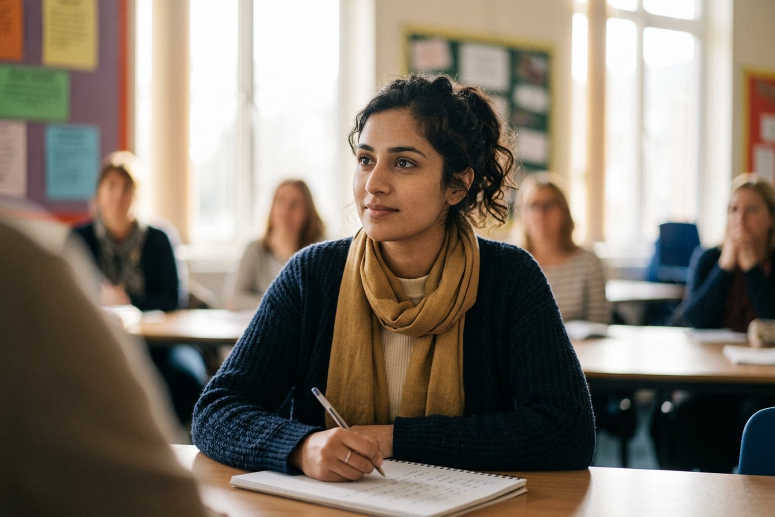 A teacher making notes during a CPD training session in a school classroom