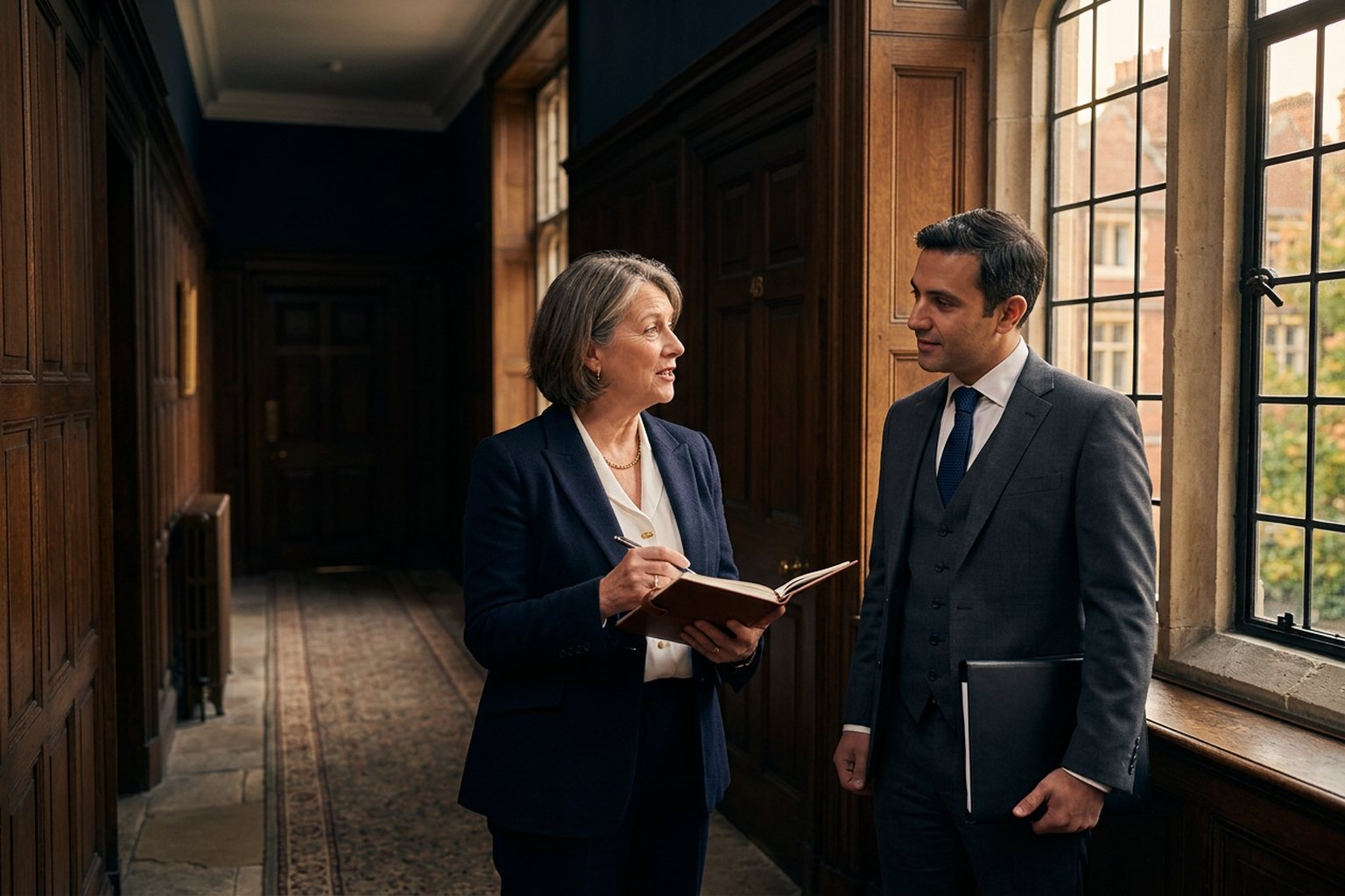 Two solicitors in discussion in a panelled corridor outside an office