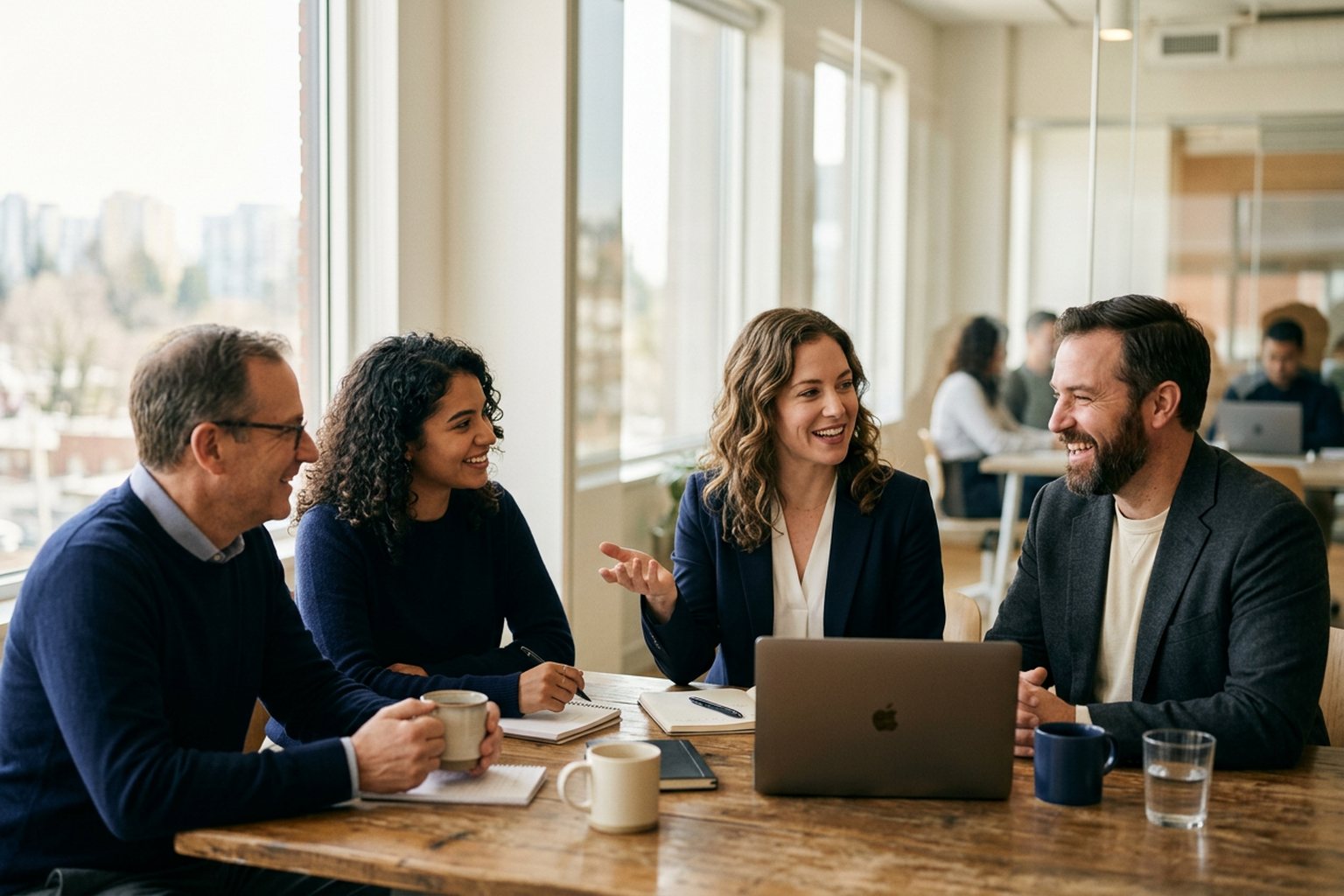Professionals in a small breakout discussion in a modern office in the United States