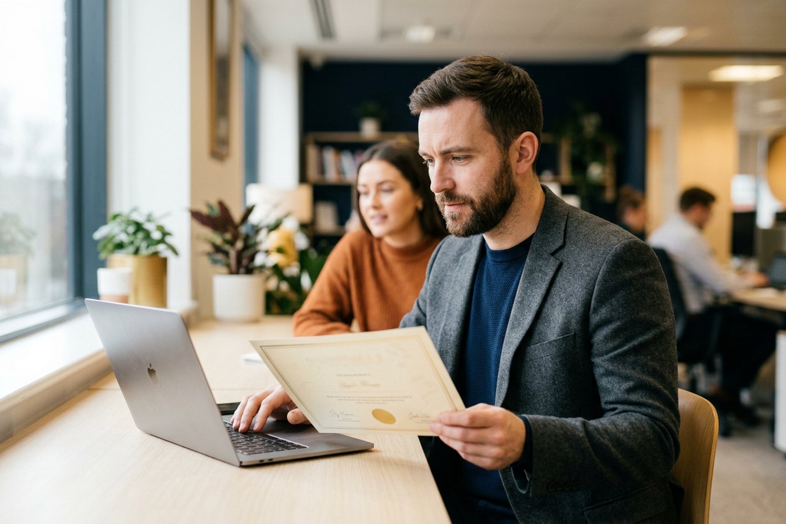 A hiring manager reviewing a candidate's certificate on a laptop, cross-checking the details