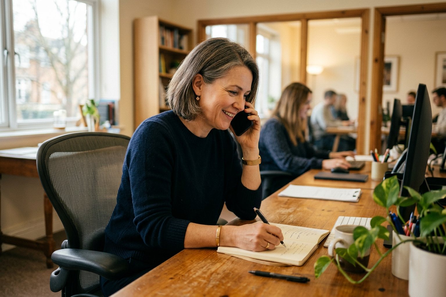 A training provider taking notes during an enquiry call at a desk