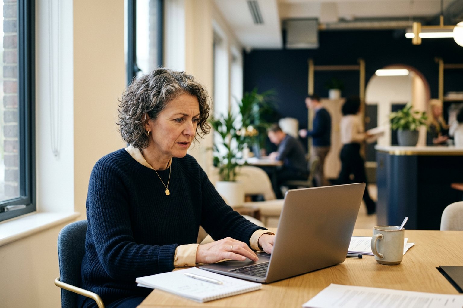A training provider comparing information on a laptop screen in a bright office