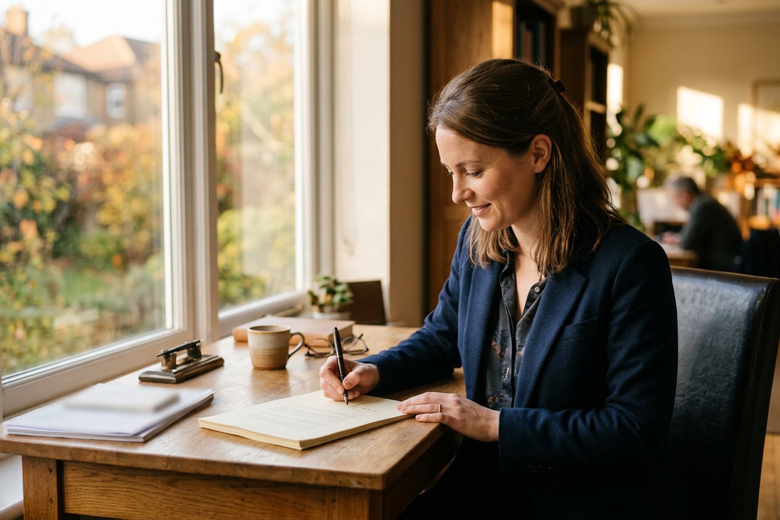 A professional signing a document at a desk in late afternoon light