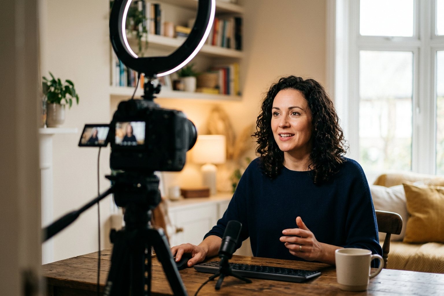 A presenter delivering a live online session to camera at a desk