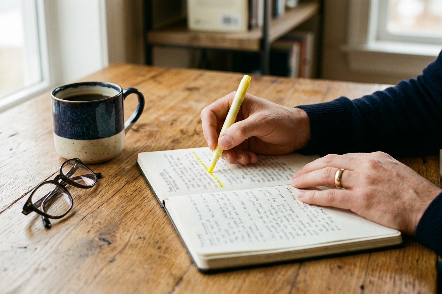 A professional highlighting a line in a notebook beside a laptop at a desk