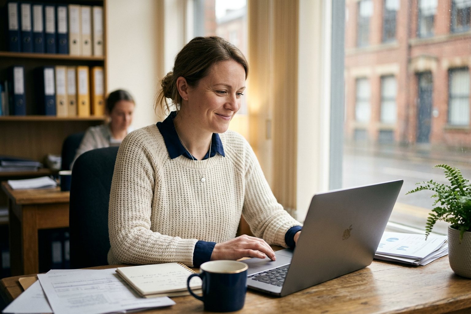 A training provider reviewing enquiry figures on a laptop