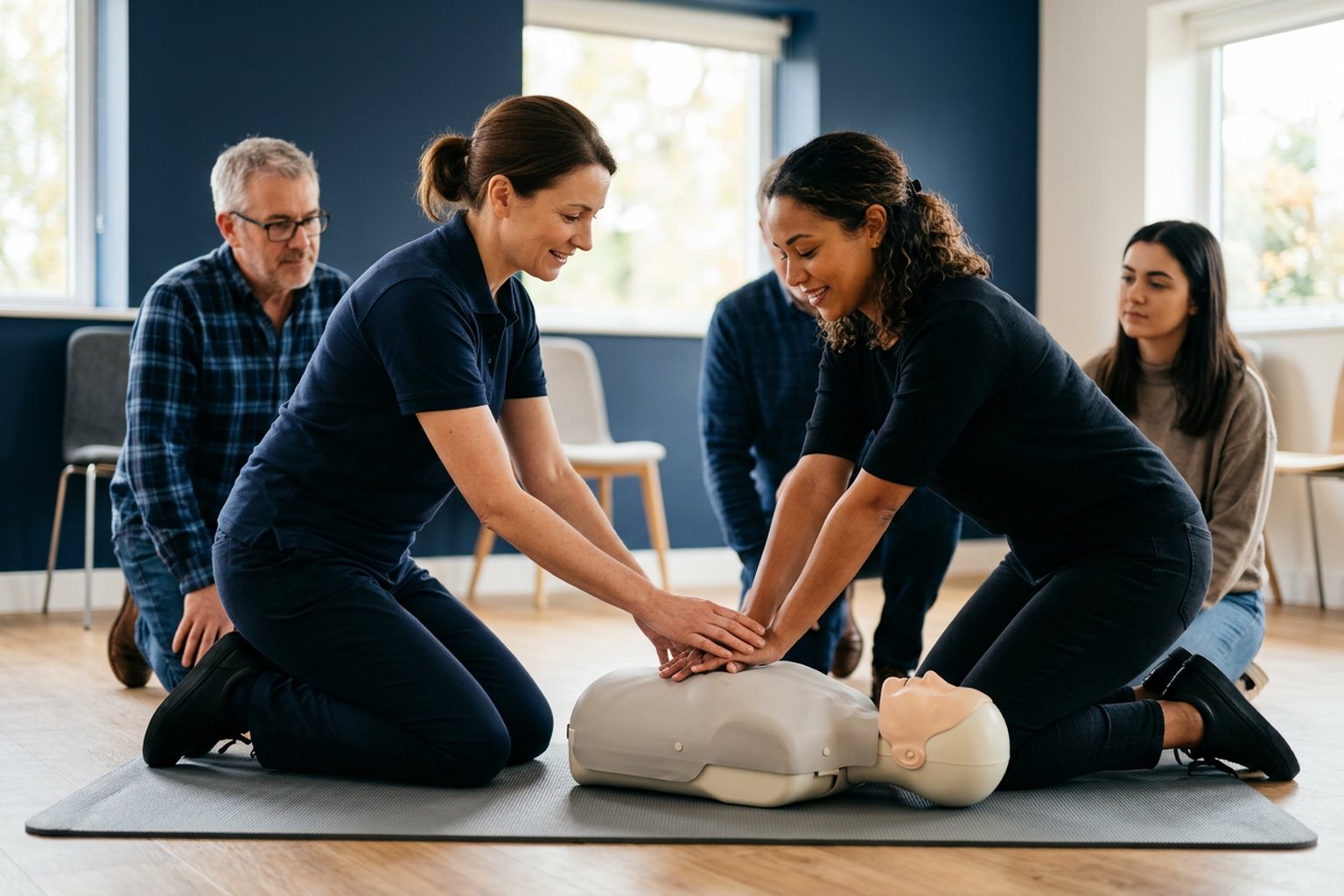 A first aid trainer demonstrating resuscitation technique to course participants