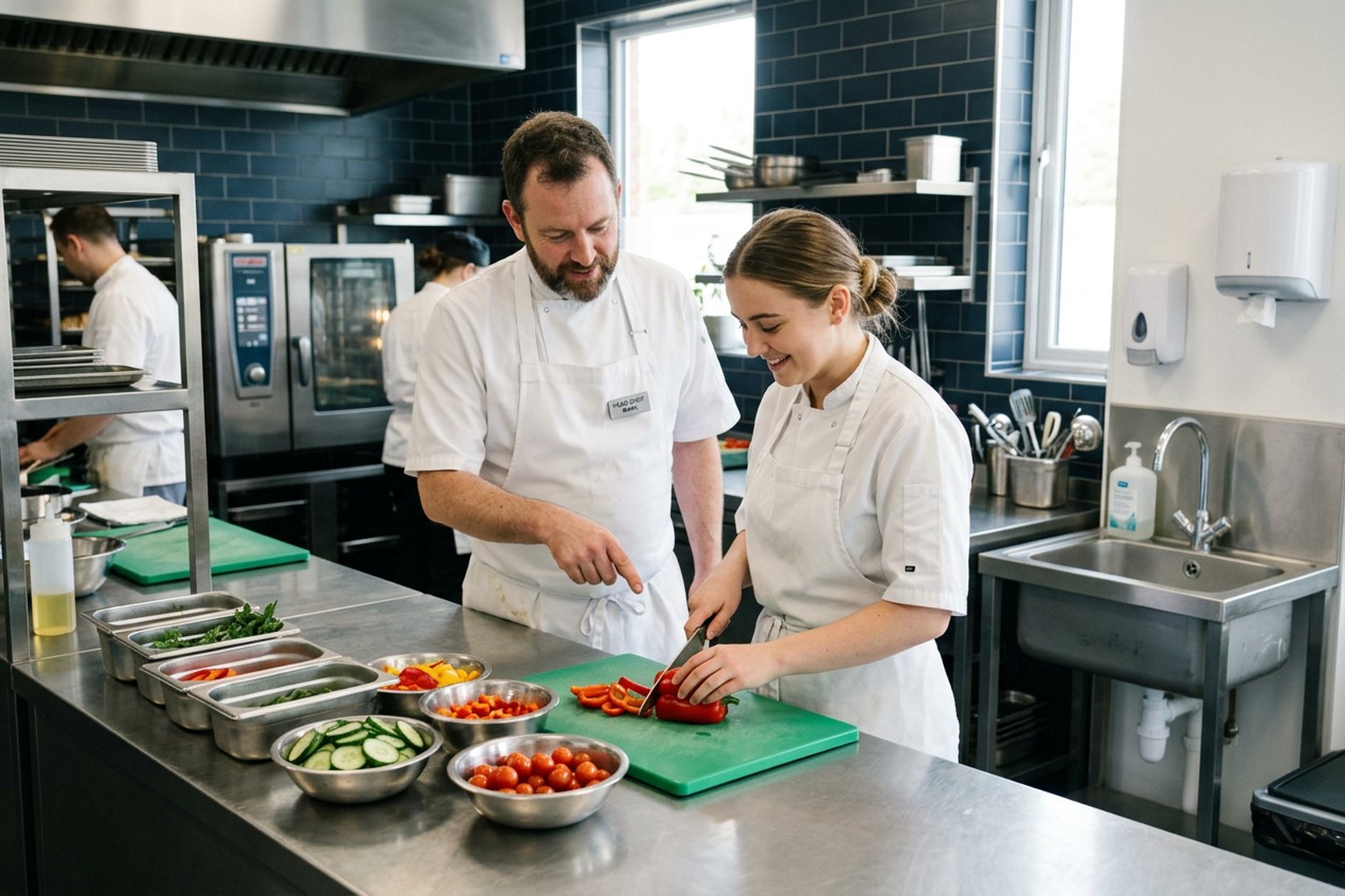 A food hygiene trainer working with staff in a commercial kitchen
