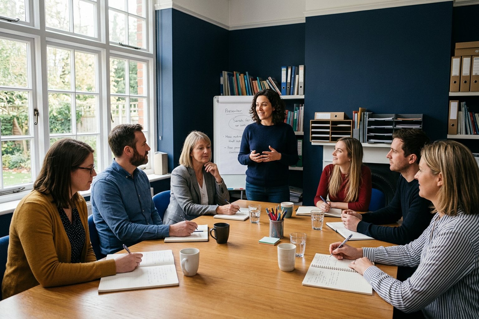 A safeguarding trainer leading a seminar around a meeting table