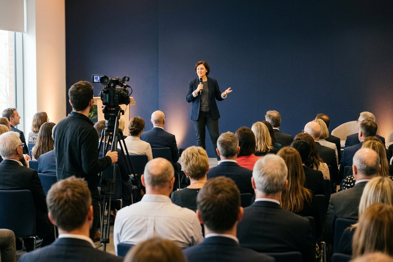 A presenter delivering a professional webinar to a remote audience
