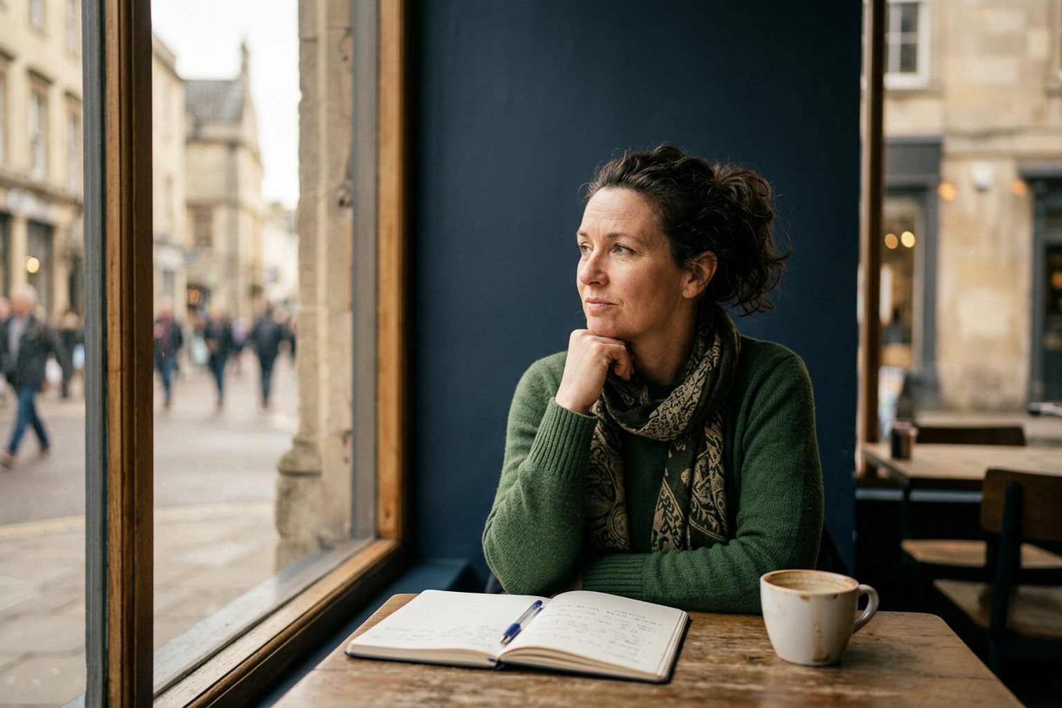 A training business owner weighing up a decision at a desk